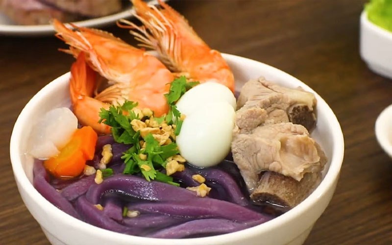 Noodle soup made from purple sweet potato dryers